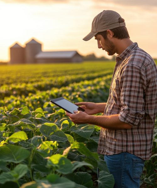 agricultural-engineer-checking-tablet-data-soybean-field-with-sunlight-distant-barns
